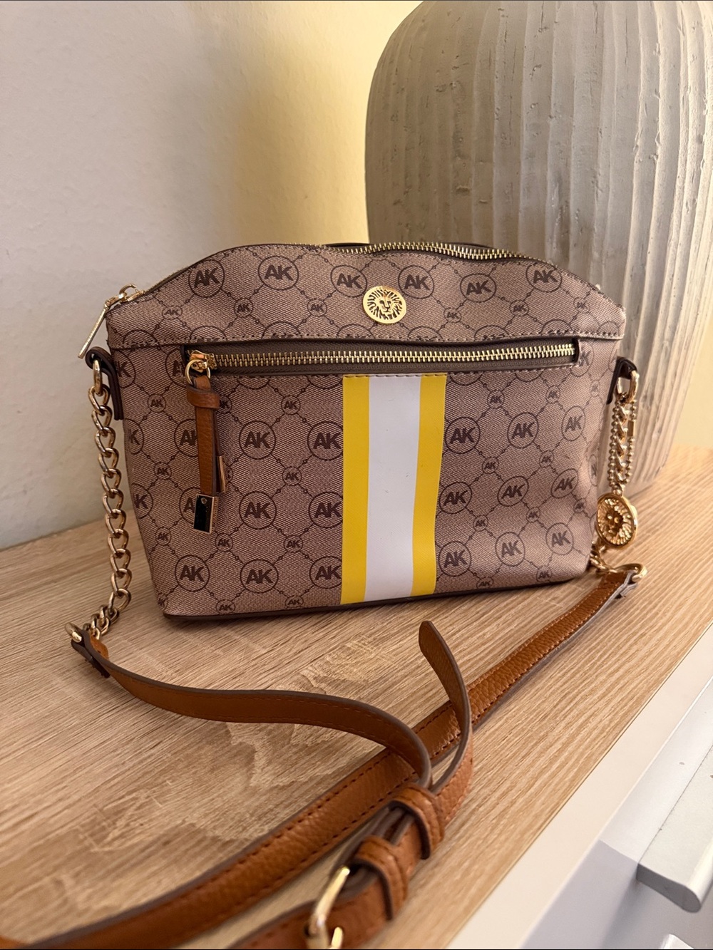 Anne Klein Tan Crossbody with Yellow and White Stripe